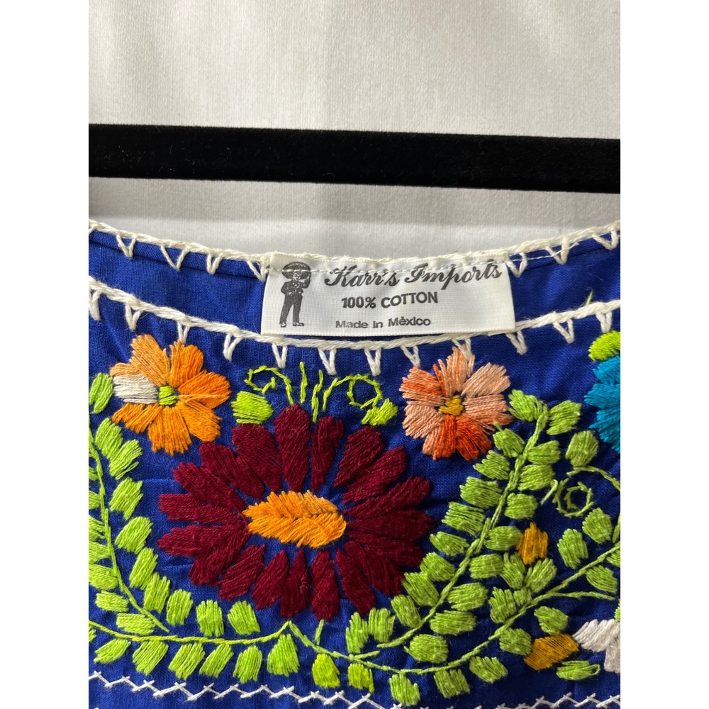 Karrs Imports Vintage Mexican‎ Floral Embroidered Midi Dress Blue Cotton Huipil